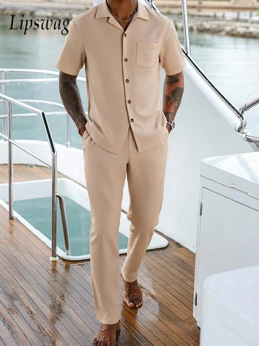 Vintage Men's Two-Piece Casual Short Sleeve Shirt and Pants Set