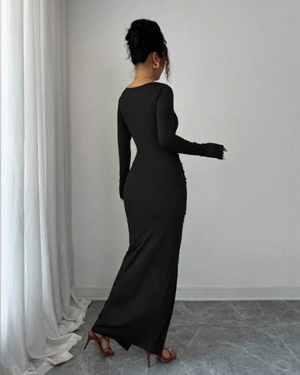 Long Sleeve Drawstring Dress for Women with Ruched High Split and Square Neckline