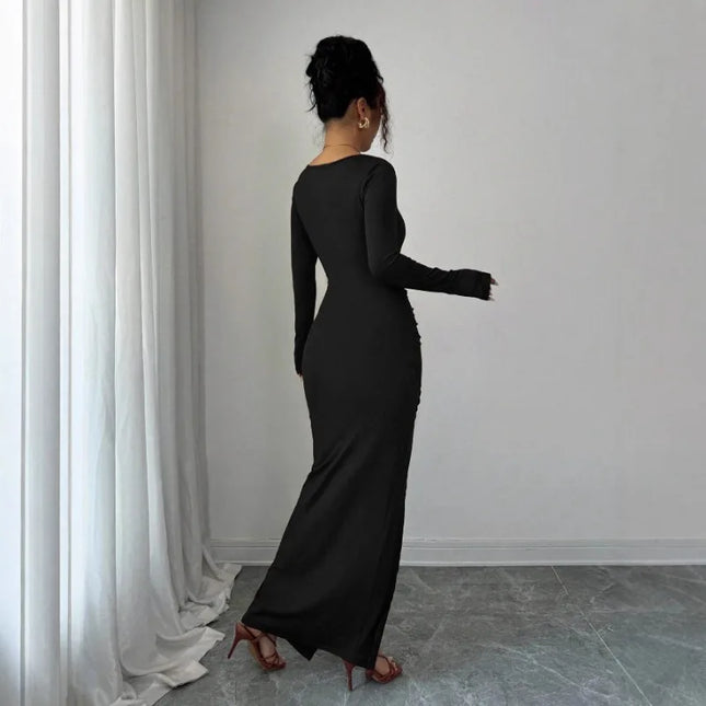 Long Sleeve Drawstring Dress for Women with Ruched High Split and Square Neckline