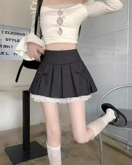 High Waist Pleated Mini Skirt for Women - Lace Preppy Bow Skirt