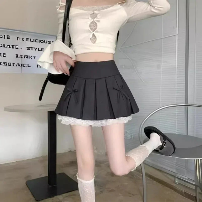 High Waist Pleated Mini Skirt for Women - Lace Preppy Bow Skirt