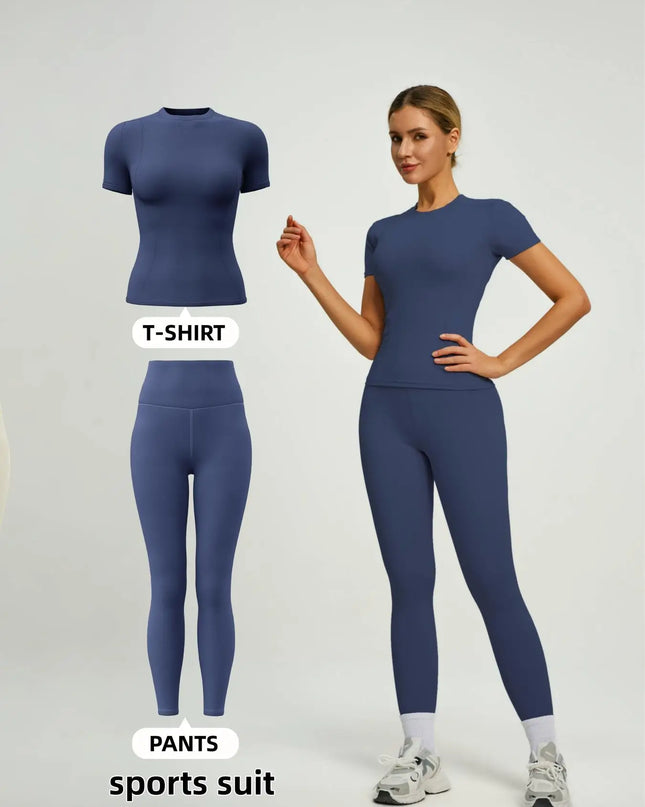 Women's  Short Sleeve Set with High-Waist Yoga Pants and T-Shirt Set