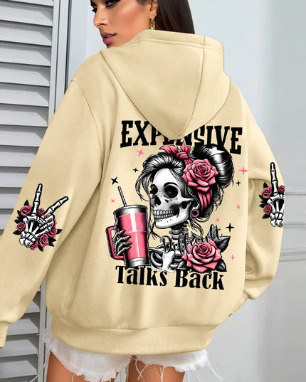 Women's "Expensive Talks Back" Printed Hoodie Sweater - Loose Fit
