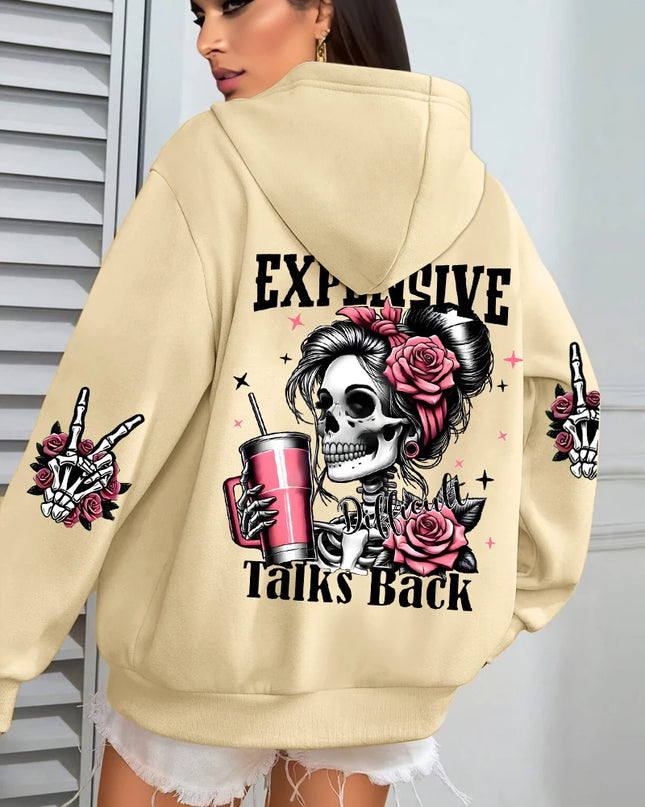 Women's "Expensive Talks Back" Printed Hoodie Sweater - Loose Fit