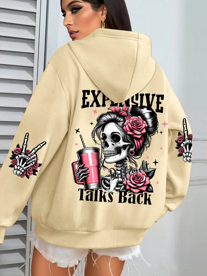 Women's "Expensive Talks Back" Printed Hoodie Sweater - Loose Fit