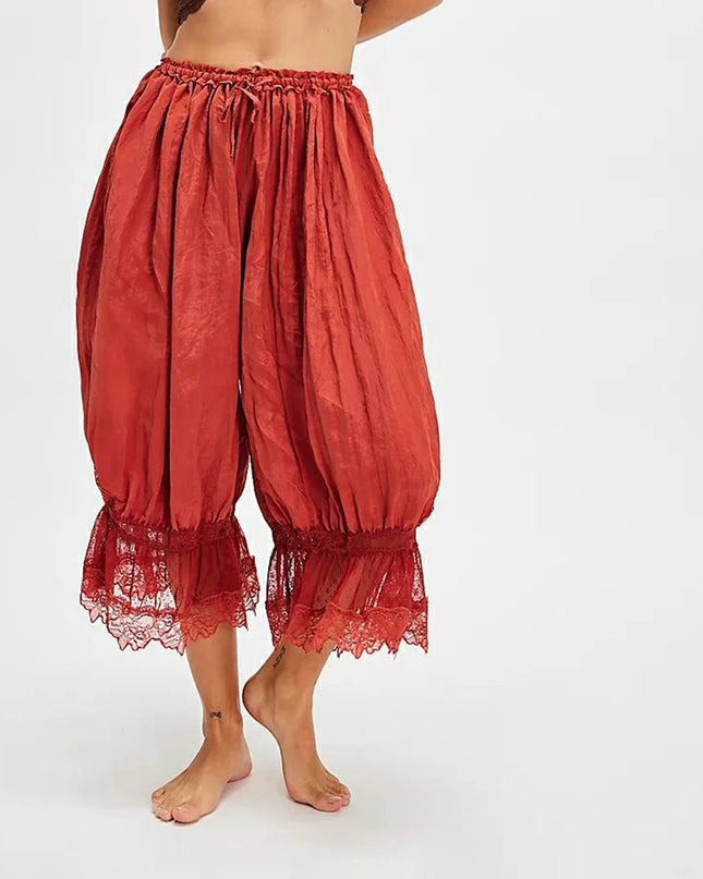 Women's Floral Lace Loose Fit Cropped Pants - High Waist Drawstring Calf-Length Lantern Bloomers