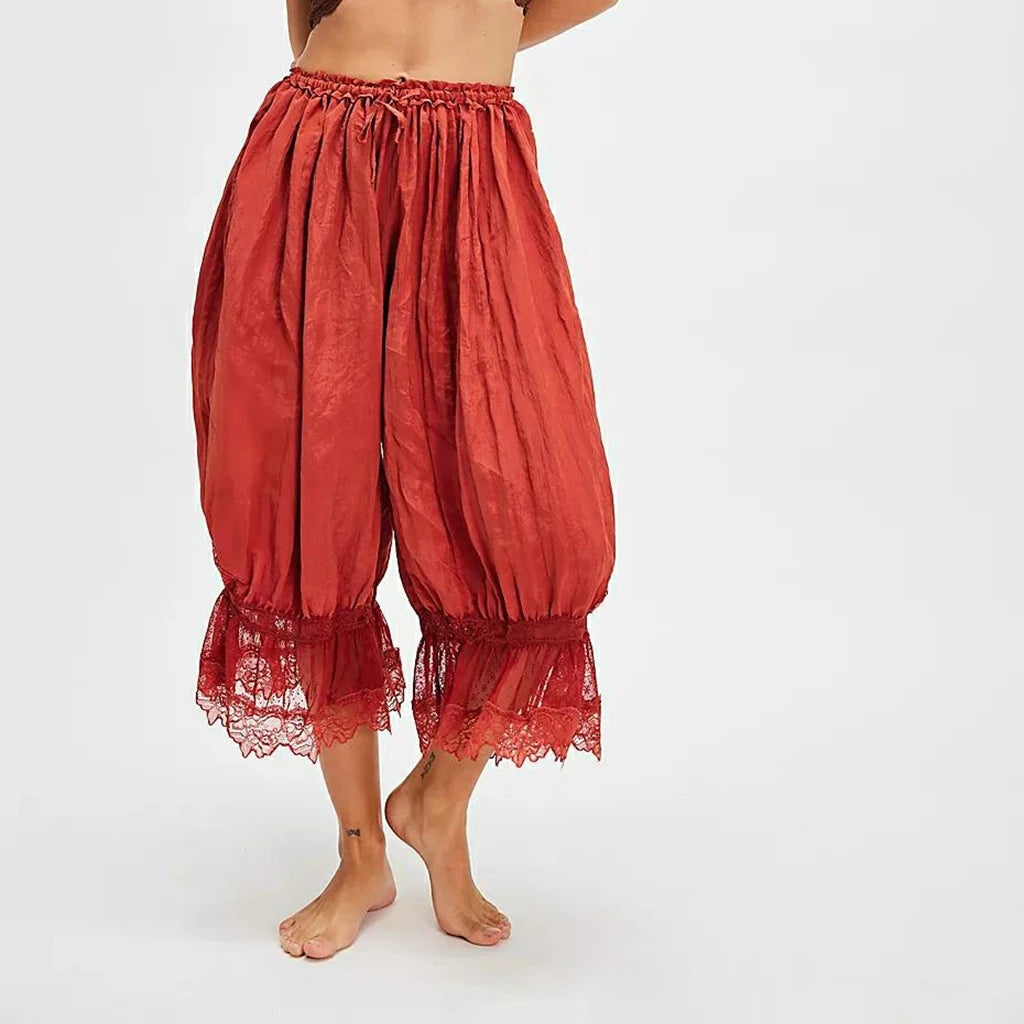Women's Floral Lace Loose Fit Cropped Pants - High Waist Drawstring Calf-Length Lantern Bloomers