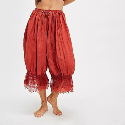 Women's Floral Lace Loose Fit Cropped Pants - High Waist Drawstring Calf-Length Lantern Bloomers