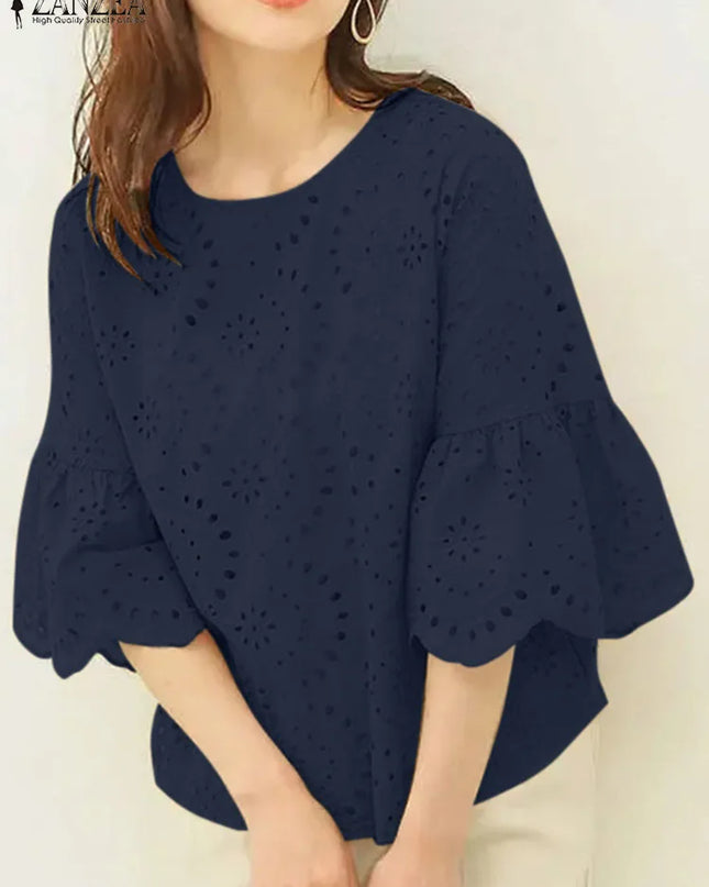 ZANZEA Women's Casual Loose Blouse with Hollow Out Lace Crochet Embroidery