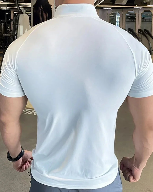 Men's Quick-Dry Elastic T-Shirt with Zippered Round Neck