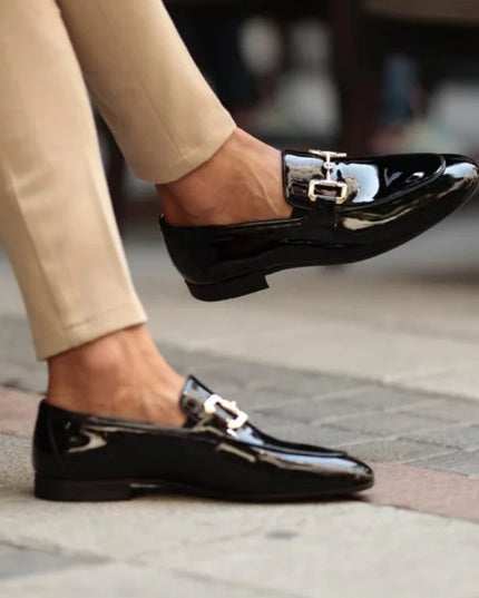 Men’s Pu Leather Loafers – Shiny Leather Slip-On Shoes with Round Toe