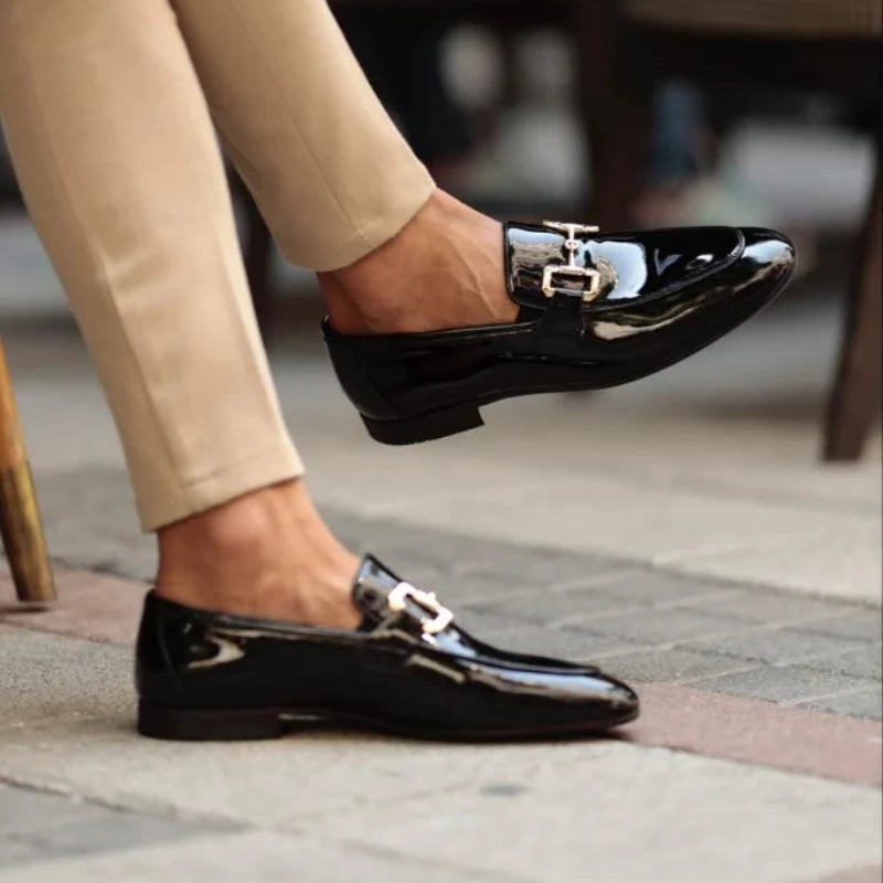 Men’s Pu Leather Loafers – Shiny Leather Slip-On Shoes with Round Toe