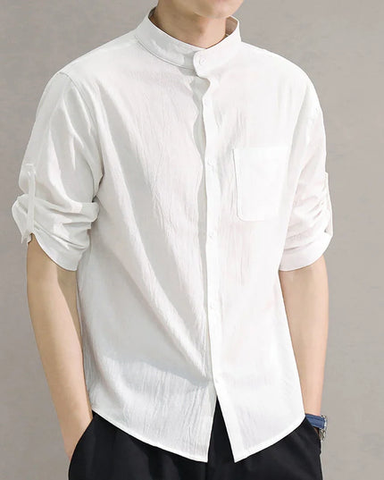 Men's Short-Sleeve Shirt with Stand Collar