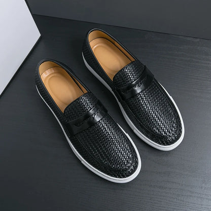 Men's Slip-On Loafers - Soft Leather Shoes with Elegant Weave Pattern