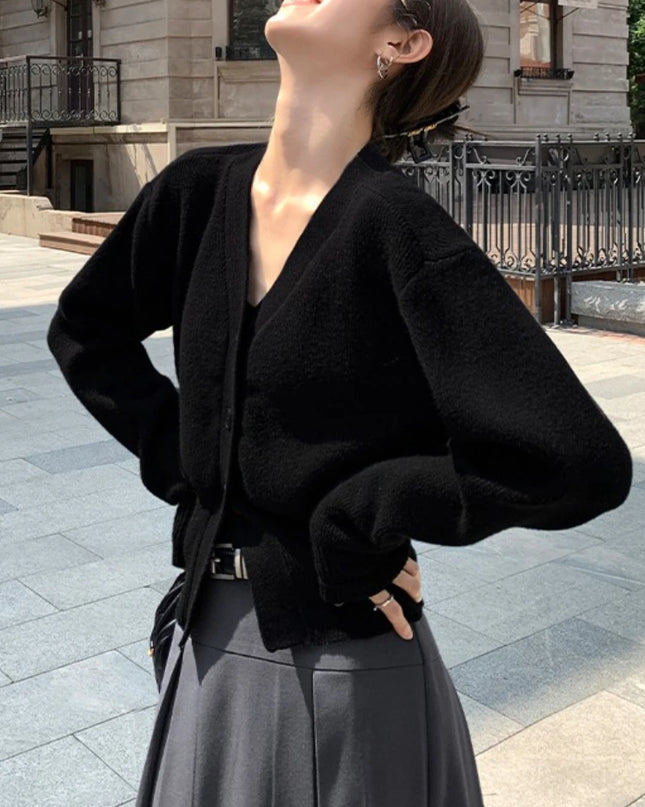 Women's Knitted V-Neck Cardigans with Slim Fit & Button Design