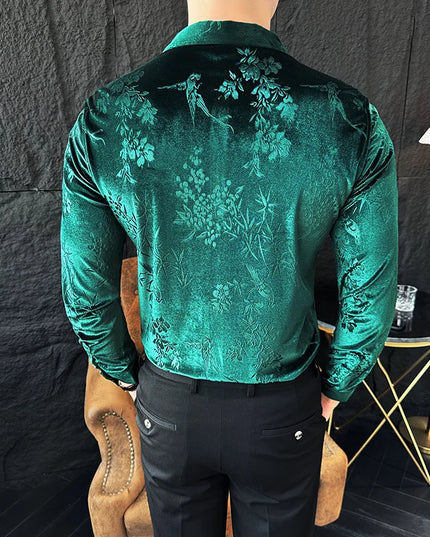 Luxury Velvet Shirt for Men - Slim Fit Casual Floral Design