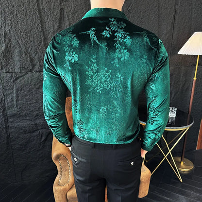 Luxury Velvet Shirt for Men - Slim Fit Casual Floral Design