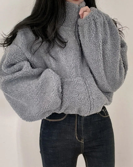 Women's Plush Faux Wool Jacket - Thick Warm Zip-up with Stand Collar
