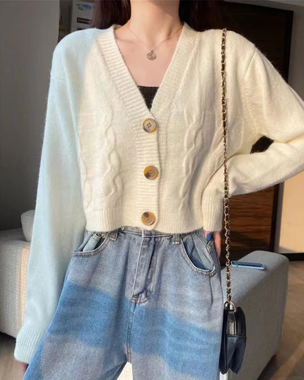V-Neck Cropped Long Sleeve Knit Cardigan for Women