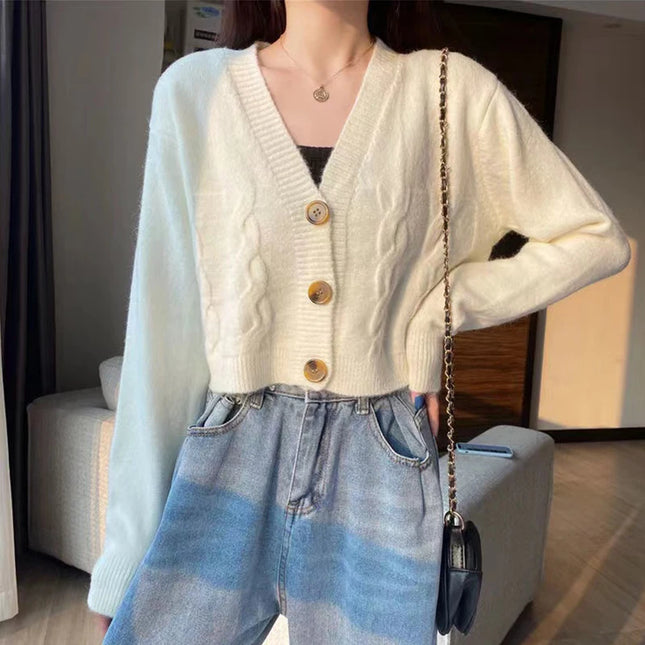 V-Neck Cropped Long Sleeve Knit Cardigan for Women