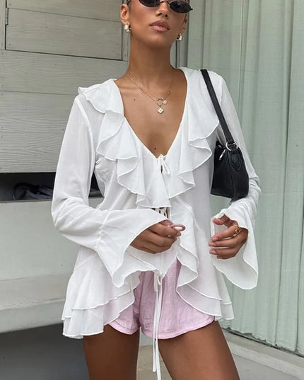 Women's V-Neck Lace-Up Ruffle Long Sleeve Blouse Loose Fit
