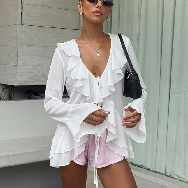 Women's V-Neck Lace-Up Ruffle Long Sleeve Blouse Loose Fit
