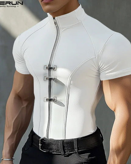 INCERUN Men's Slim Fit T-Shirt with Metal Buckle Detail & Zipper