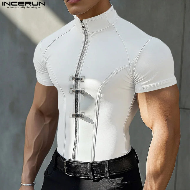 INCERUN Men's Slim Fit T-Shirt with Metal Buckle Detail & Zipper
