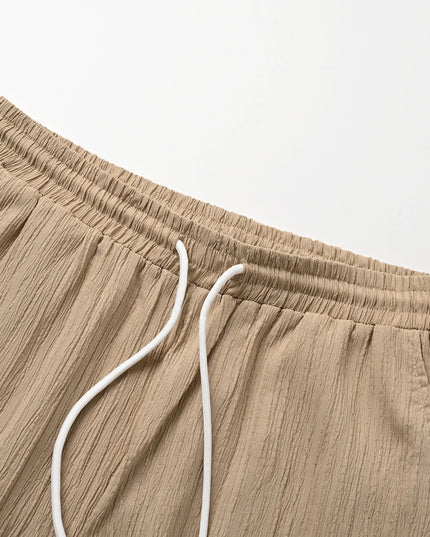 Men’s Two-Piece Set with Pleated Vertical-Stripe Lapel Shirt and Elastic-Waist Straight-Leg Pants