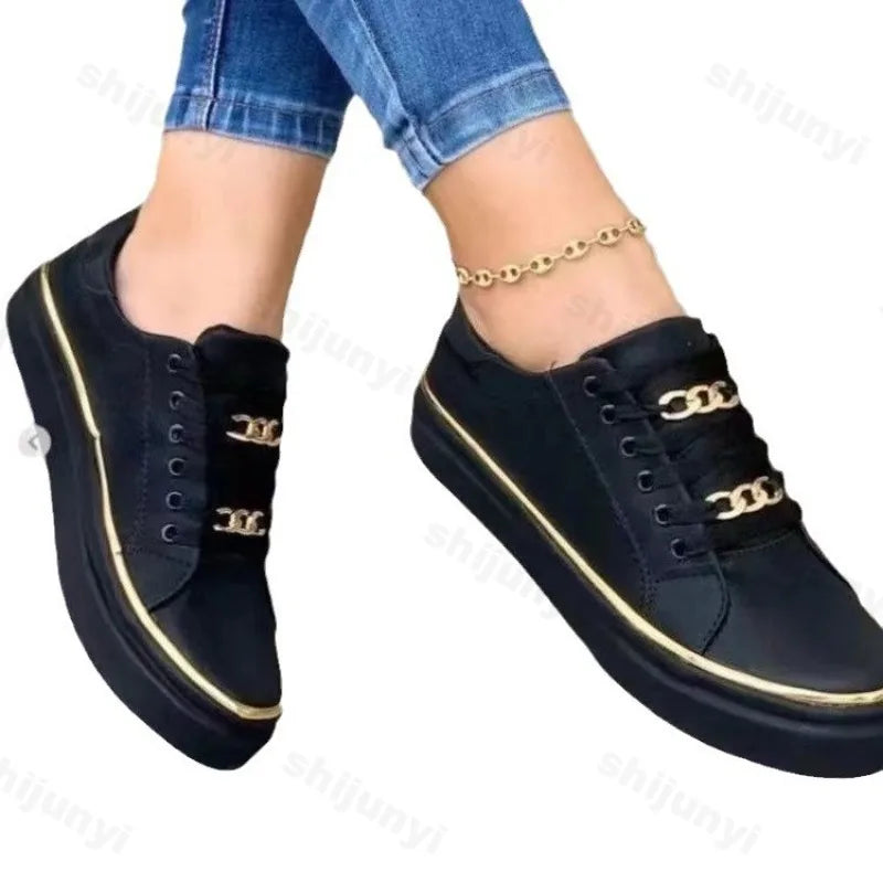 Women's Platform Low-Top Faux Leather Sneakers - Lace-Up, Non-Slip Sole