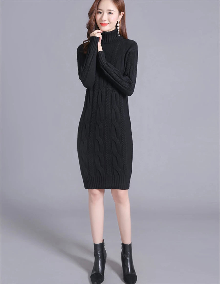 Women's Oversized Knitted Turtleneck Twist Sweater Dress