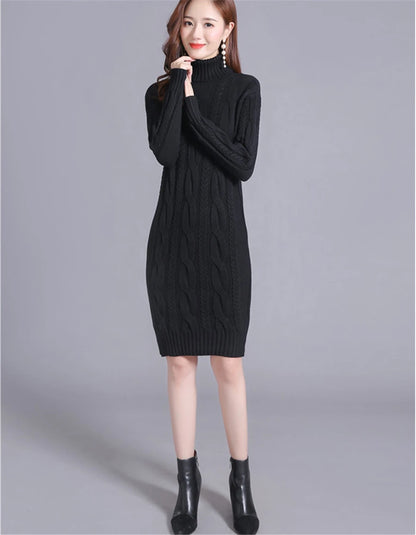 Women's Oversized Knitted Turtleneck Twist Sweater Dress