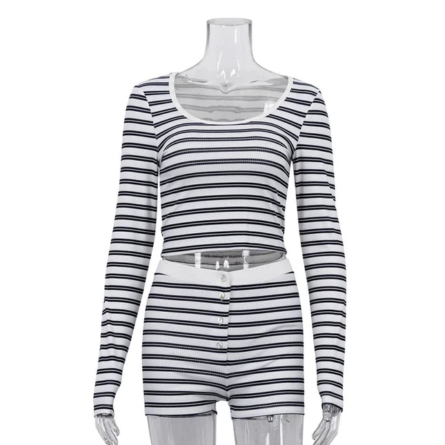 Women's Two-Piece Set: Long Sleeve Cropped Sweater and High-Waist Button-Front Slim Mini Shorts