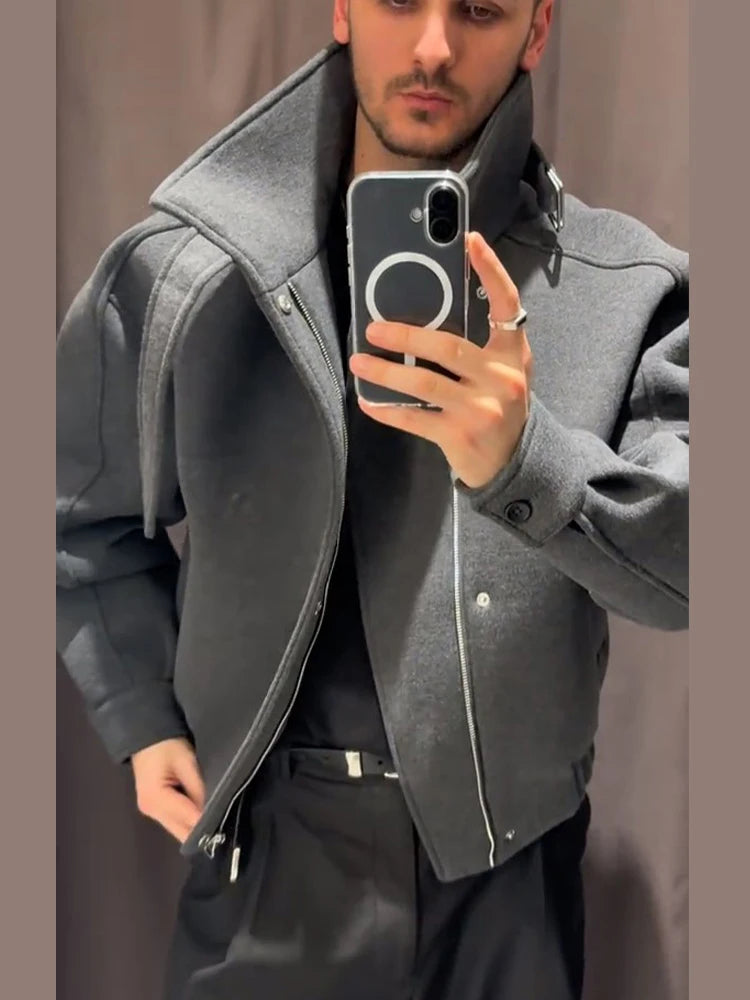 Men's Oversized Stand Collar Jacket with Asymmetric Zip