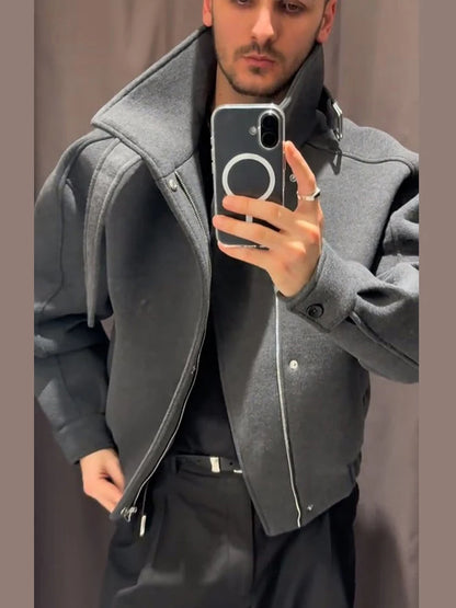 Men's Oversized Stand Collar Jacket with Asymmetric Zip
