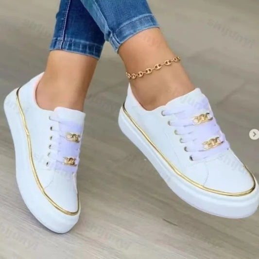 Women's Platform Low-Top Faux Leather Sneakers - Lace-Up, Non-Slip Sole