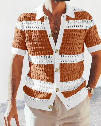 Men’s Casual Striped Knitted Button-Up Shirt with Lapel 
