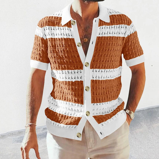 Men’s Casual Striped Knitted Button-Up Shirt with Lapel 