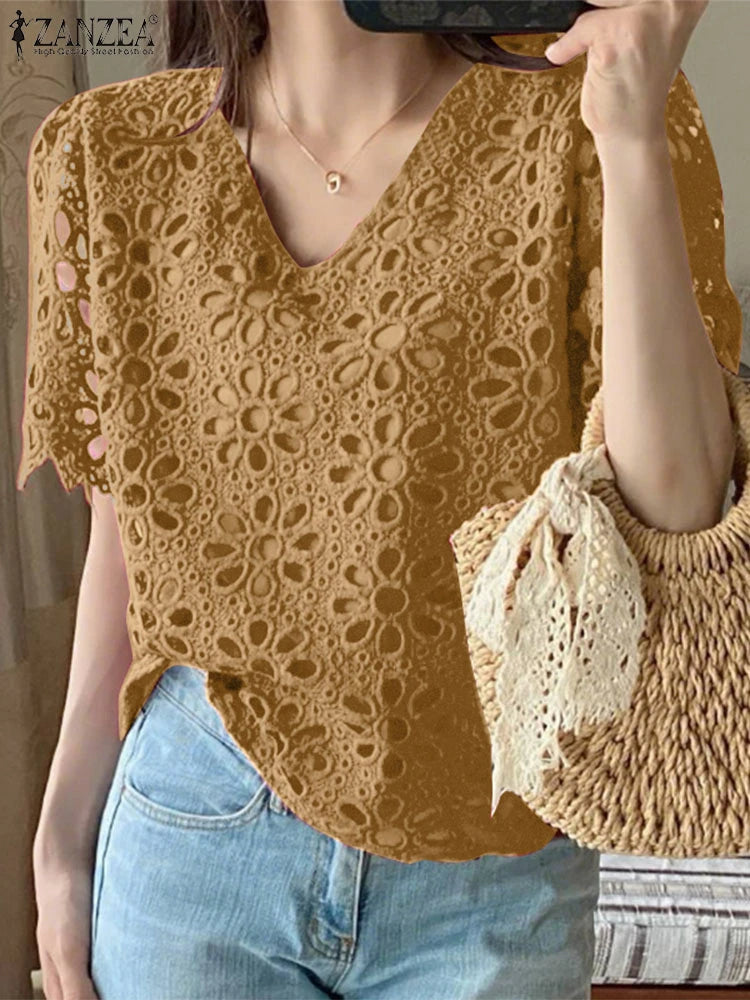 ZANZEA Women's Embroidered V-Neck Blouses - Casual Short Sleeve Hollow Out Lace Top