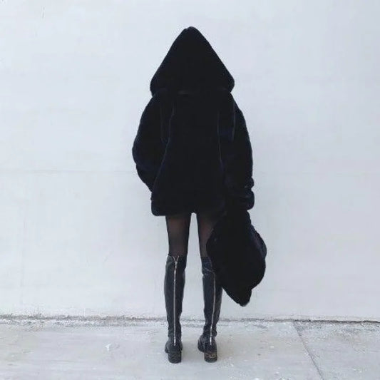 Women's Loose Fit Faux Mink Fur Hooded Coat