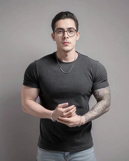 Men's Short Sleeve T-Shirt with Half High Collar – Slim Fit Casual Top for Men