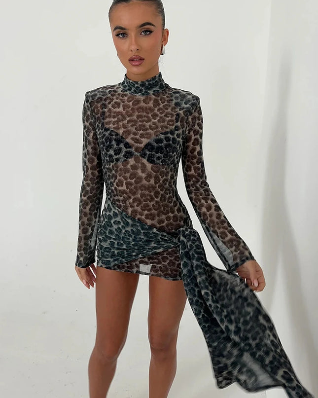 Women’s Sheer Leopard Print Turtleneck Mini Dress with Long Sleeves