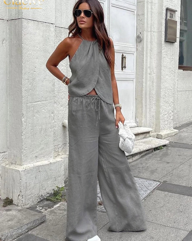 Women's Cotton Two-Piece Halter Sleeveless Tank Top & High-Waisted Wide-Leg Pants Set