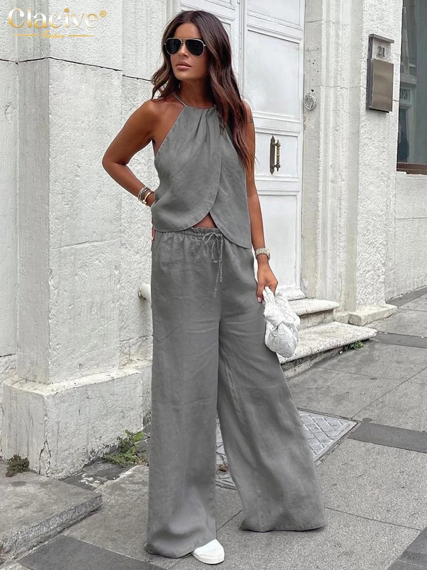 Women's Cotton Two-Piece Halter Sleeveless Tank Top & High-Waisted Wide-Leg Pants Set
