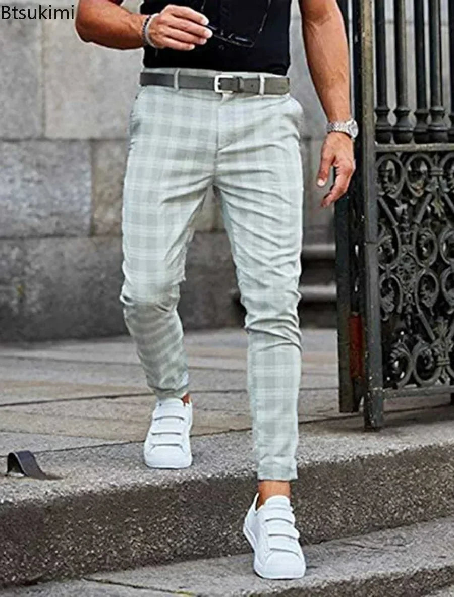 Men's Checkered Plaid Trousers - Mid-Fashion Elastic Waist Pants