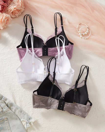 Set of 3 Women's Floral Lace Mesh Spliced Embroidery Push-Up Bras with Double Straps