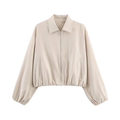 Women's Short Zipper Jacket with Long Sleeves, Casual Style, Elastic Hem