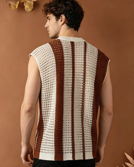 Men's Hollow-Out Knitted Striped Vest - Loose Fit