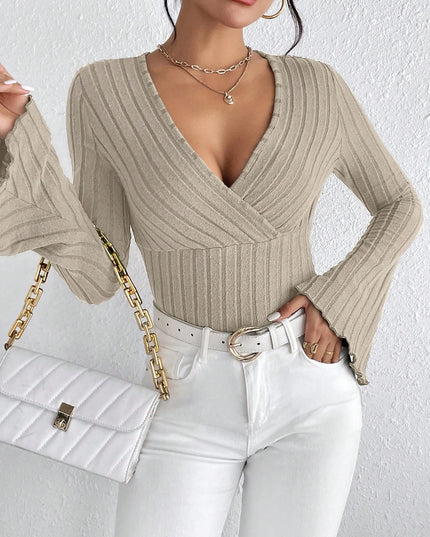 Women's V-Neck Long-Sleeve Slim Fit Striped Knitted Sweater