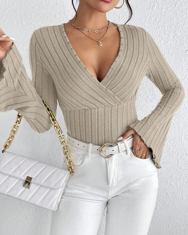 Women's V-Neck Long-Sleeve Slim Fit Striped Knitted Sweater